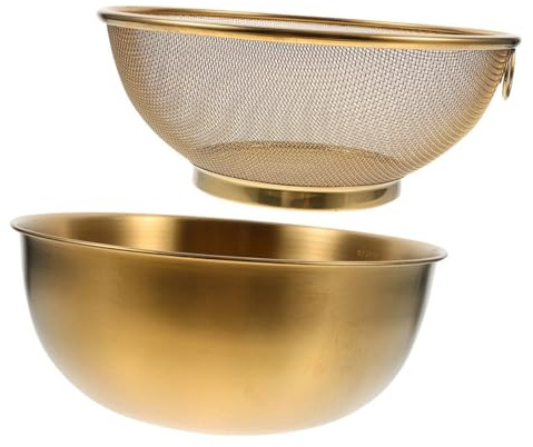jojofuny Passoire Bol en Acier Inoxydable Doré 24 Cm, Panier D'égouttage à Mailles Fines pour Fruits et Légumes, Set 2 Pièces la Cuisine et Lavage