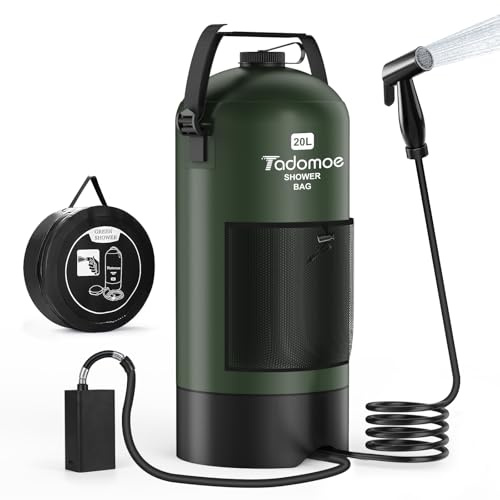 Tadomoe 20L Ducha Camper Portatil con 2000mAh Bomba y Manguera de 2m, Bolsa Ducha Camping con Bolsa de Transporte y Cabezal - Ducha Portátil para Camping, Senderismo, Playa, Perros y Jardín