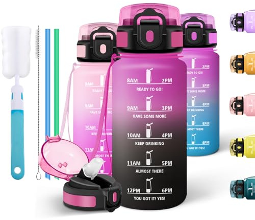 Motswedi Borraccia 500 ml, Bottiglia d'acqua Sportiva, a Prova di Perdite, Comprende 6 Paglie e 1 Spazzola di Spugna, Borraccia Palestra, Bottiglia Acqua 0.5 Litri, per Scuola, Yoga, Viola & Nero