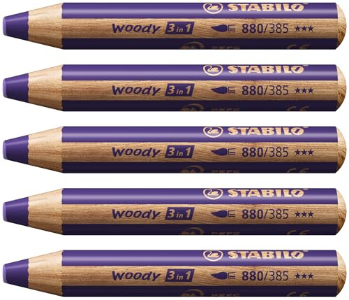STABILO woody 3 in 1 - Matita colorata Multi-Funzione - Confezione da 5 - Viola Profondo