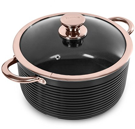 Tower Casserole Dish with Lid, Linear Collection with Easy Clean Non-Stick Ceramic Coating, Aluminium, Black and Rose Gold, 4 Litres