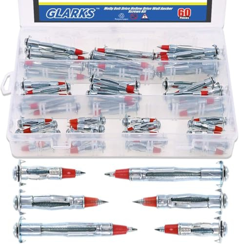 Glarks 60Pcs Heavy Duty 1/8 inch 35/46/59mm Zinc Plated Steel Molly Bolt Drive Hollow Drive Wall Anchor Screws Assortment Kit