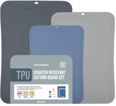 BLUE GINKGO Tablas de cortar de TPU (juego de 3 piezas) Tablas de cortar finas y flexibles resistentes a los arañazos para la cocina sin BPA (Gris oscuro, gris claro, azul)