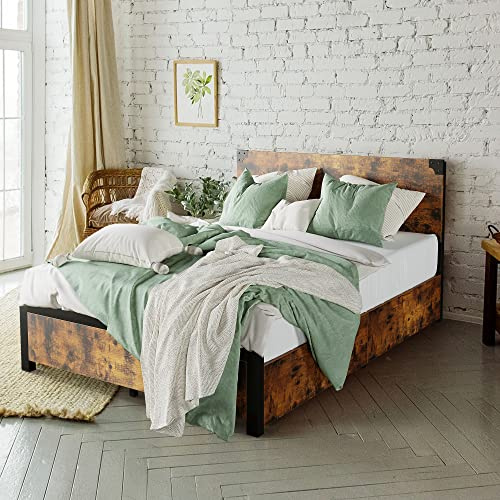 Amyove Full Size Bed Frame with 4 Storage Drawers and Headboard, Rustic Vintage Wood and Metal Bed Frame with Large Storage, Noise Free, No Box Spring Needed
