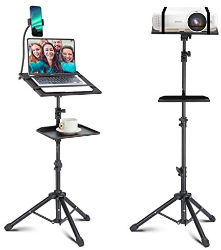 Projector Tripod Stand, Lusweimi 50” Laptop Stand with 2 Shelves for Projector, iPad, DJ Equipment, Portable Adjustable Floor Stand with Gooseneck Phone Holder for Office, Home, Stage or Studio