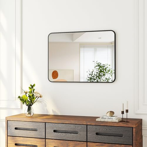 Boromal Spiegel Schwarz 40x60cm Rechteckiger Schwarz Rahmen Badspiegel Vertikal/Horizontal Badezimmerspiegel Schwarz Wandspiegel Schwarz Morden Dekorative Schwarzer Spiegel