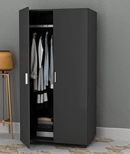 URBNLIVING Orlando - Armoire en bois à 2 portes pour chambre à coucher, avec barre suspendue, couleur : noir