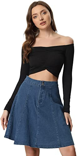 Allegra K Damen Jeansrock A-Linie Hoher Taille Plissiert Lässig Elegant Denim Rock Dunkelblau L