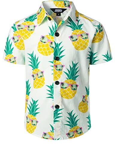 JOGAL Camisa de manga corta para niños, camisa hawaiana de verano, camisa de algodón para niños, camisas de verano para niños, Blanco y amarillo., 8 años