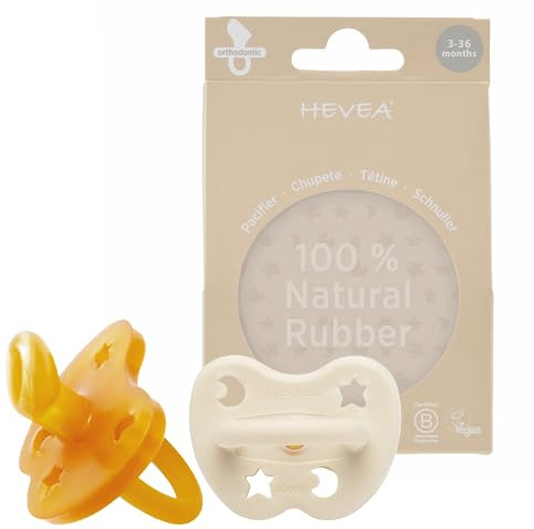 HEVEA Natural Rubber Dummy Pacifier Orthodontic 3-36 Months – Hygienic One Piece Design for Newborns to Toddlers, BPA-Free, Soft & Durable – 2-Pack (Milky White & Natural)