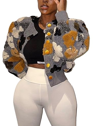 BQDCQB Womens Cropped Floral Print Jacket Warm Fleece Bomber Jacket Casual Button Down Coats Fall Puff Outerwears Grey S