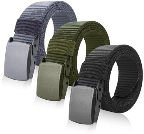 SKHAOVS 3 Stück Gürtel Herren, Canvasgürtel mit Kunststoff Schnalle, 130cm Verstellbarer Schwarz/Grau/Dunkelgrün/Taktischer Gürtel, Schneller Pass durch die Flughafensicherheit (3 Farben)