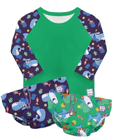 Bambino Mio, Set de natación Reutilizable de 3 Piezas – Exploradores Marinos, 1-2 años, Camiseta de baño y 2 pañales de natación, UPF 40+