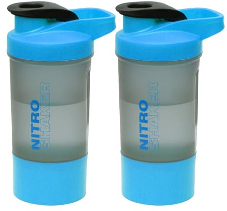 2 x 600ml Protein Shaker Bottle with Twist & Lock Protein Box Storage Metal Mixing Ball Non-Drip Screw Lid Gym Sports Fitness Workout Protein Shaker Bottle BPA Free Leakproof Durable (Blue)