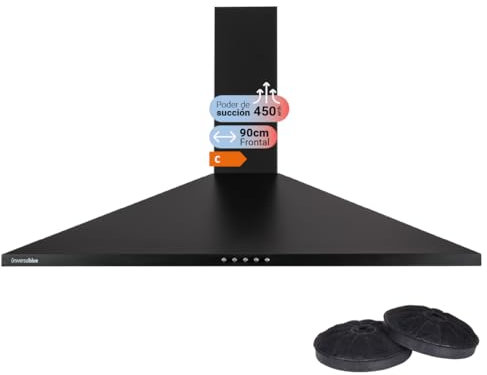 UNIVERSALBLUE Campana Extractora Piramidal Negra 90 cm | Extractor Aire | Filtros de Carbono | 3 Velocidades | Control por Botones | Clase Energética C | Campana Sin Salida de Humos