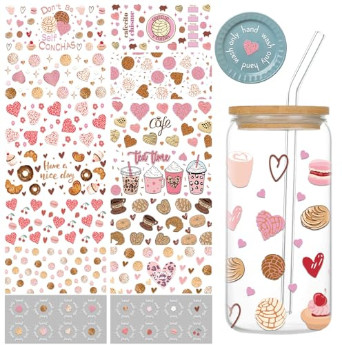 Coffee UV DTF Cup Wrap - 12 Cafecito Y Chisme UV DTF Cup Wraps Transfer Stickers for 16 oz Glass, Waterproof Puerquito Coffee Pink Love Decals with UV DTF Cup Wrap for Lid Top or Bottom