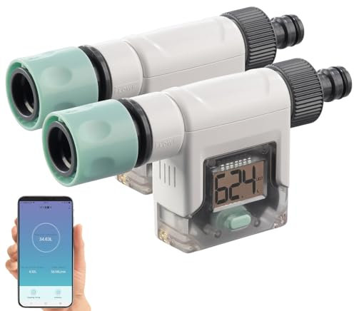 Royal Gardineer Garten-Wasser-Zähler: 2er-Set Smart-Wasserzähler für Gartenschlauch, Display, Bluetooth, App (Waschmaschine-Wasserzähler, Mengenzähler, Bewässerung)