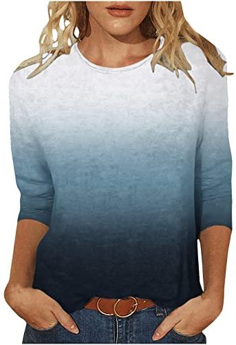 Pull à manches 3/4 pour femme - Dégradé de couleur - T-shirt à manches longues décontracté - Col rond - Chemisier ample - Haut à manches longues - Coton - Basique - Fin - T-shirt de transition -