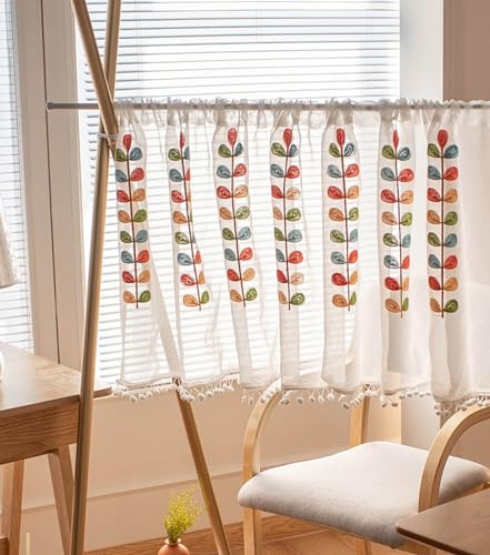 A.Monamour Tenda Corta per Finestra Piccola Ricamo Di Foglie Colorate Voile Bianco Tulle Trasparente Tendina Tenda da Cucina Bistrot Caffè Mezza Tenda Tenda a Vetro a Pannello Tenda Porta