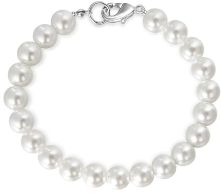 Candyfancy Bracciale di perle da uomo e donna, bianco, rotondo, con perle simulate, 18/19/20 cm, per uomini e donne, regalo di perle 6 mm/8 mm, 6 mm Perlen, 18 cm Länge, Argento sterling