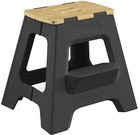 Vigar Taburete Plegable Compacto para Adultos, 40 cm Taburete Plegable Antideslizante de Dos Peldaños para Casa, Dormitorio, Baño, Armario, Oficina, Soporta hasta 150 kg, Negro, Bamboo Print on Top