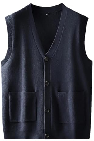 Chaleco de lana para hombre, color liso, sin mangas, suéter de punto, talla grande, cuello en V, informal, con botones, parte superior, azul marino, 4XL