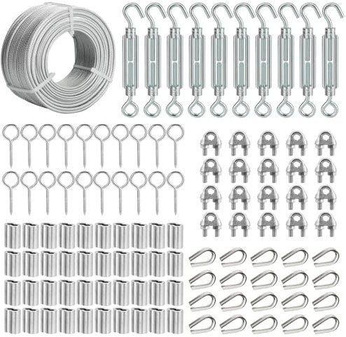 hannger 3mm Wire Rope Kit, 60M PVC Coated Steel Cable With Tensioner for Garden Plant Support, Clothesline, String Light, Stair Handrail, Decking Railing