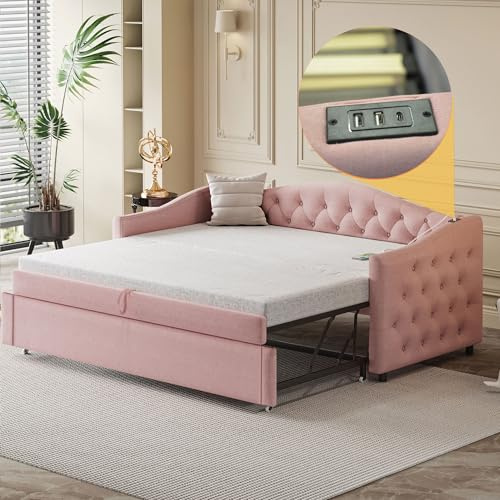 90 x 200 cm cama tapizada sofá cama extensible 90 x 190 cm, con conexión USB, forma clásica con botones con somier, cama multifunción, cama de invitados, tela de lino (rosa)