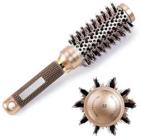 ZPTEE Round Hair Brush,Curly Hair Brush,Nano Thermal Ceramic & Ionic Tech Round Brush with Boar Bristles, for Styling, Curling, Add Volume and Shine,32mm