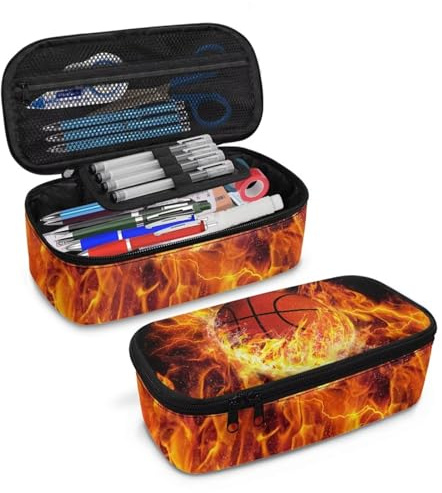 COEQINE Basketball Pencil Case for Boys 8-12 Age Middle School Pencil Organizer with 3D Burning Basketball Fire Ball Pattern Pencil Box with Zipper