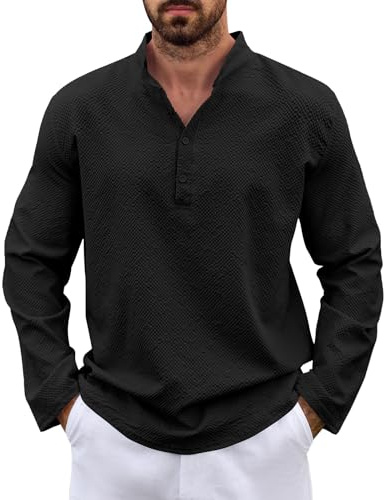 Lishang Chemise Lin Homme Manches Longues Chemise Été Décontractée Casual Col Mao Regular Fit Chemises Hommes Couleur Unie Shirts Plage Classique