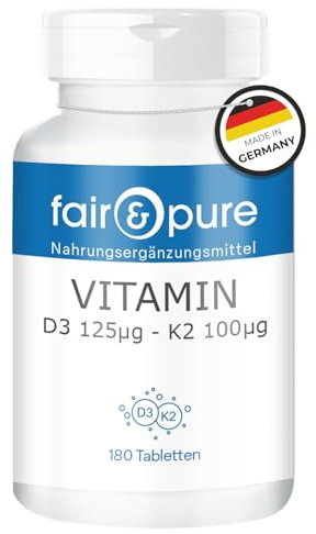 Fair & Pure® - Vitamin D3 125μg + K2 100μg - 180 tabletter - optimal synergi - hög dos - biotillgänglig - kvalitet från Tyskland
