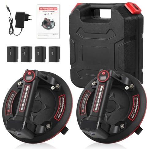 Peviasot 2 sollevatori elettrici per sottovuoto da 20,3 cm, set con 4 batterie, display digitale, portata 200 kg, per vetro e piastrelle, inclusi 2 caricatori e 1 valigetta grande