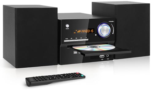 Compact Stereo System, 3-Piece CD Shelf System Home Bluetooth Speaker with CD DVD Player/FM Radio/AUX Input/USB Input/MIC Input/RCA Output, Retro Look Premium 30W Sound System for TV (DVD-802, Black)