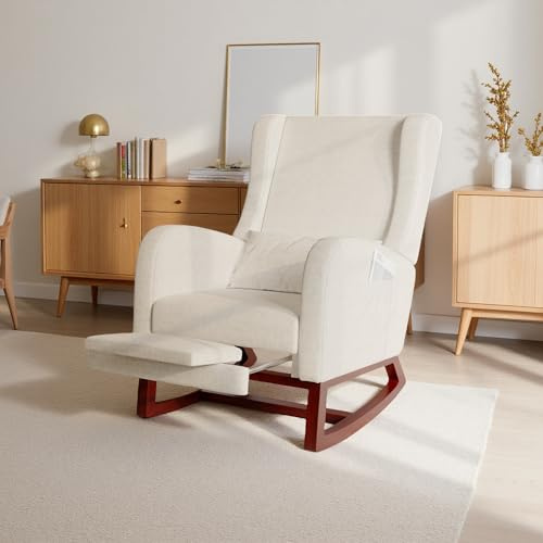 PerGar Fauteuil à Bascule, Chaise Relax avec Repose-Pieds, Fauteuil d'allaitement, Chaise à Bascule avec Dossier Haut, pour Salon, Chambre à Coucher, Chambre de bébé, Coton et Lin, Beige