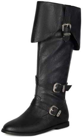 Eestfy Bottes Hautes Femme Similicuir Style Western Boucles Décoratives Talon Plat Confort Vintage Chaussures Mode Automne Hiver,Noir,39 EU