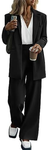 Generisch Women's Trouser Suit 2-Piece Business Suit Set Slimfit Lapels Office Blazer Trousers Outfit Set Long Sleeve Women's Suit Formal Fashion Trouser Suit Women's Festive Wedding, A Black, L