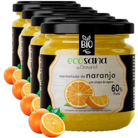 Drasanvi ECOSANA MERMELADA DE NARANJA CON SIROPE DE AGAVE CERTIFICADO BIO by - 60% FRUTA - VEGANO - SIN GLUTEN - 260g (Paquete de 4)