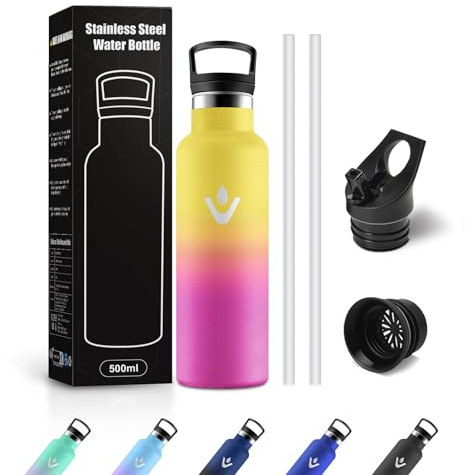 Botella Agua Acero Inoxidable 500ml, Cantimplora con Pajita, sin BPA, a Prueba de Fugas, Reutilizable para Oficina, Camping