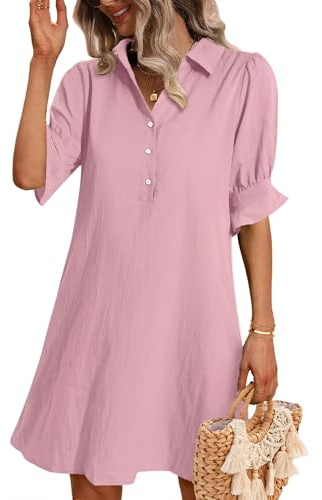 Zeagoo Robe d'été pour femme - Col en V - Manches courtes - Longueur genou - Décontractée - Robe de plage - Robe chemise - Robe décontractée avec poches - Tailles S à XXL