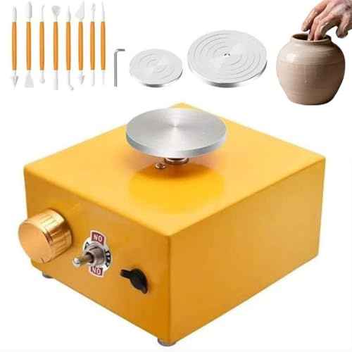 Torno de Cerámica Eléctrico, Máquina Cerámica Mini con Velocidad Ajustable de 2000Rpm, Kit Completo de Alfarería Para Principiantes y Adultos – Incluye Platos de 10cm y 6,5cm, Herramientas yellow