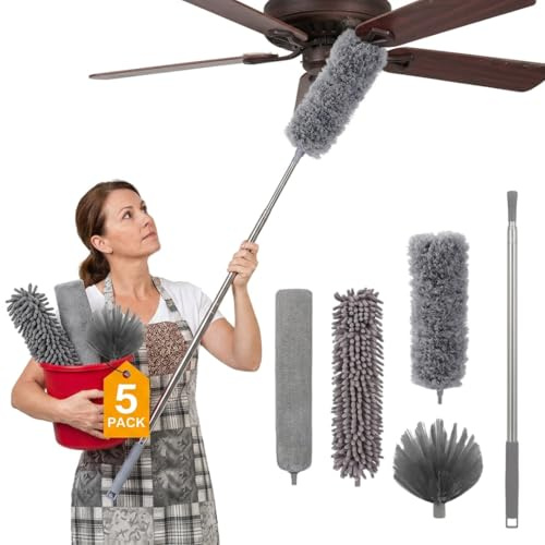 Plumero Telescópico Extensible 5 Pack – Atrapapolvo Microfibra Lavable, Palo 30-300 cm, Limpia Ventiladores Techo, Radiadores Calefacción, Persianas, Telarañas y Muebles