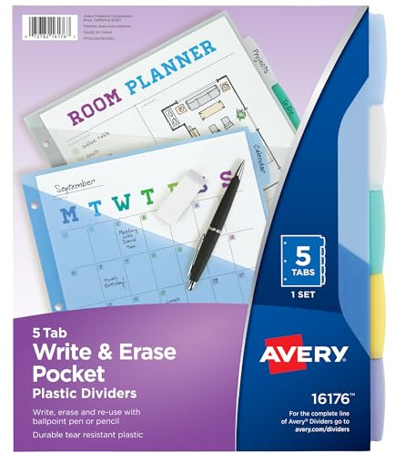 Avery Write & Erase Pocket Plastic Dividers, 5-Tab, Multicolor, 1 Set