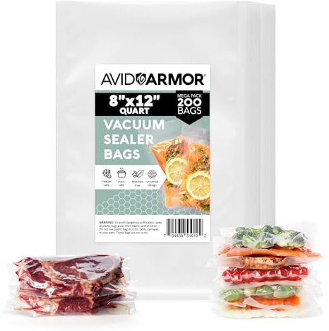 Avid Armor Vacuum Sealer Bags 200 Quart 8x12 For Food Saver, Commercial Grade, BPA Free, Heavy Duty, Pre-cut, for Vac Storage, Meal Prep, Sous Vide, or Dehydrated Freeze Dried Foods