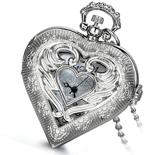 Lancardo Retro Silver Steampunk Heart Locket Shaped Hollow Pendant Pocket Watch Necklace for Lovers