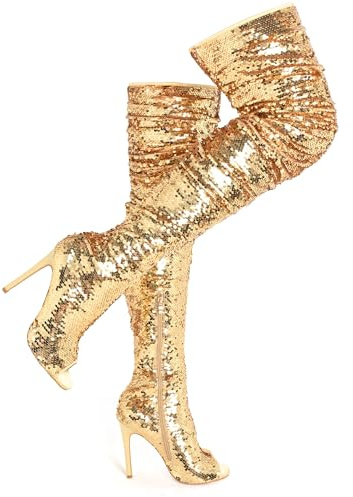 CAMSSOO Women's Sequin Thigh High Boots Sparkly Open Toe Stiletto Over the Knee Heels for Party Dance Night Out