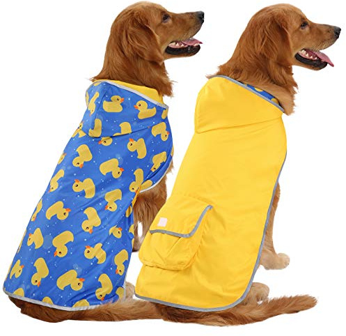 HDE Reversible Dog Raincoat Hooded Slicker Poncho Rain Coat Jacket for Small Medium Large Dogs Ducks Yellow - L