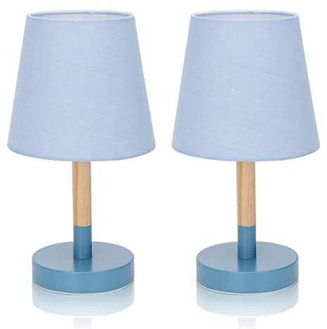 Aigostar 2 Pezzi Lampada da Tavolo, Piccola Lampada da Comodino Moderna in Legno, Lampada da Scrivania con Paralume in Tessuto Blu e Base in Metallo Portalampada E14, Vintage per Camera, Soggiorno