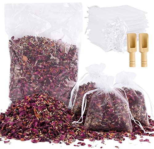 BOFUNX 100g Confeti de Boda de Pétalos Mezcla de Flores Secas Naturales de Rosa Crisantemo Lavanda+30 Bolsas de Organza+2 Cucharas para Decoración Fiesta Boda Compromiso Accesorios para Manualidades