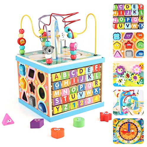 KABENFIS 5-in-1-Aktivitätswürfel aus Holz mit Perlenlabyrinth-Formsortierer, Lernspielzeug für Kinder, Jungen und Mädchen